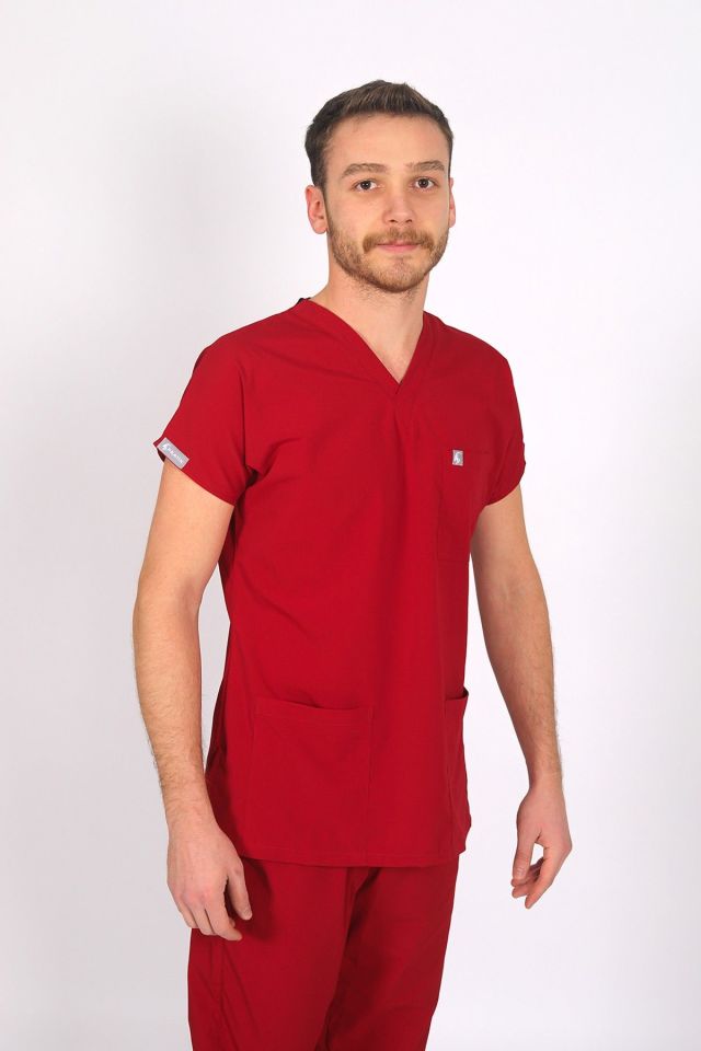 Kırmızı Likralı Scrubs Doktor Hemşire Forması Yarasa Kol Takım XS