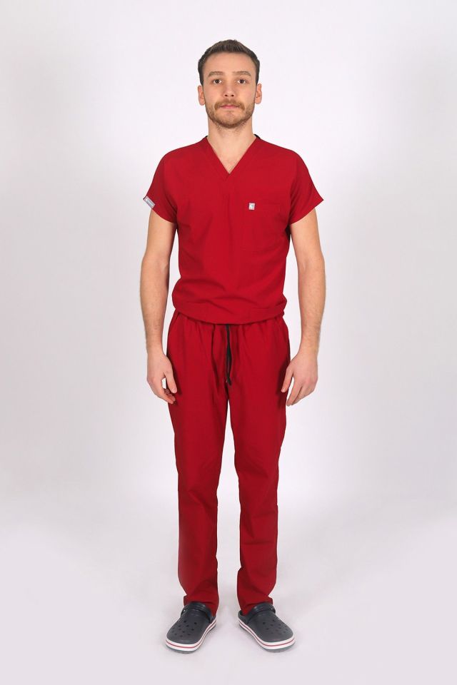 Kırmızı Likralı Scrubs Doktor Hemşire Forması Yarasa Kol Takım XS