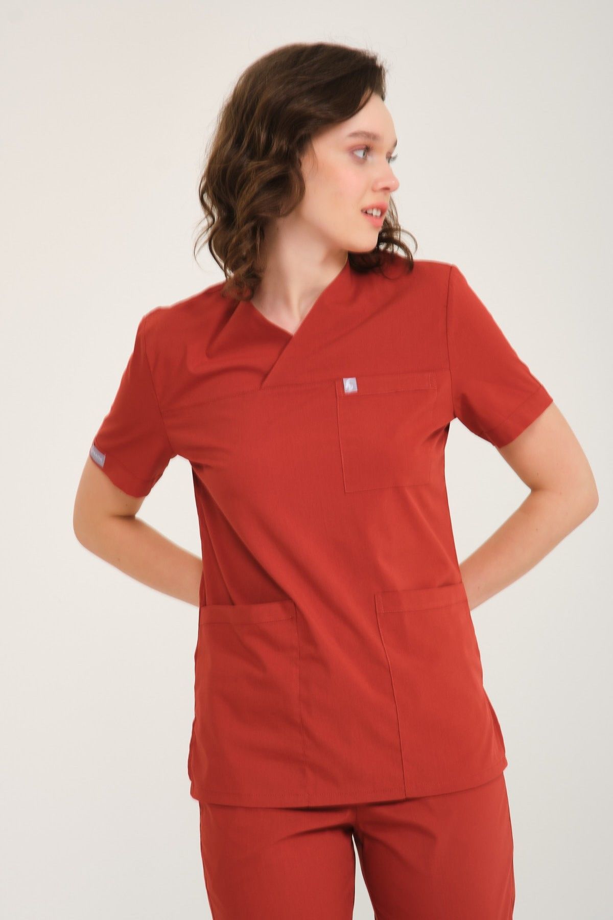 Kiremit Likralı Zarf Yaka Scrubs Doktor Hemşire Forması Tek Üst 2XL