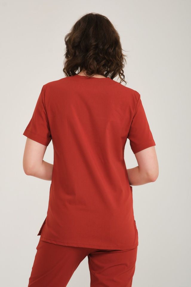 Kiremit Likralı Zarf Yaka Scrubs Doktor Hemşire Forması Tek Üst 2XL