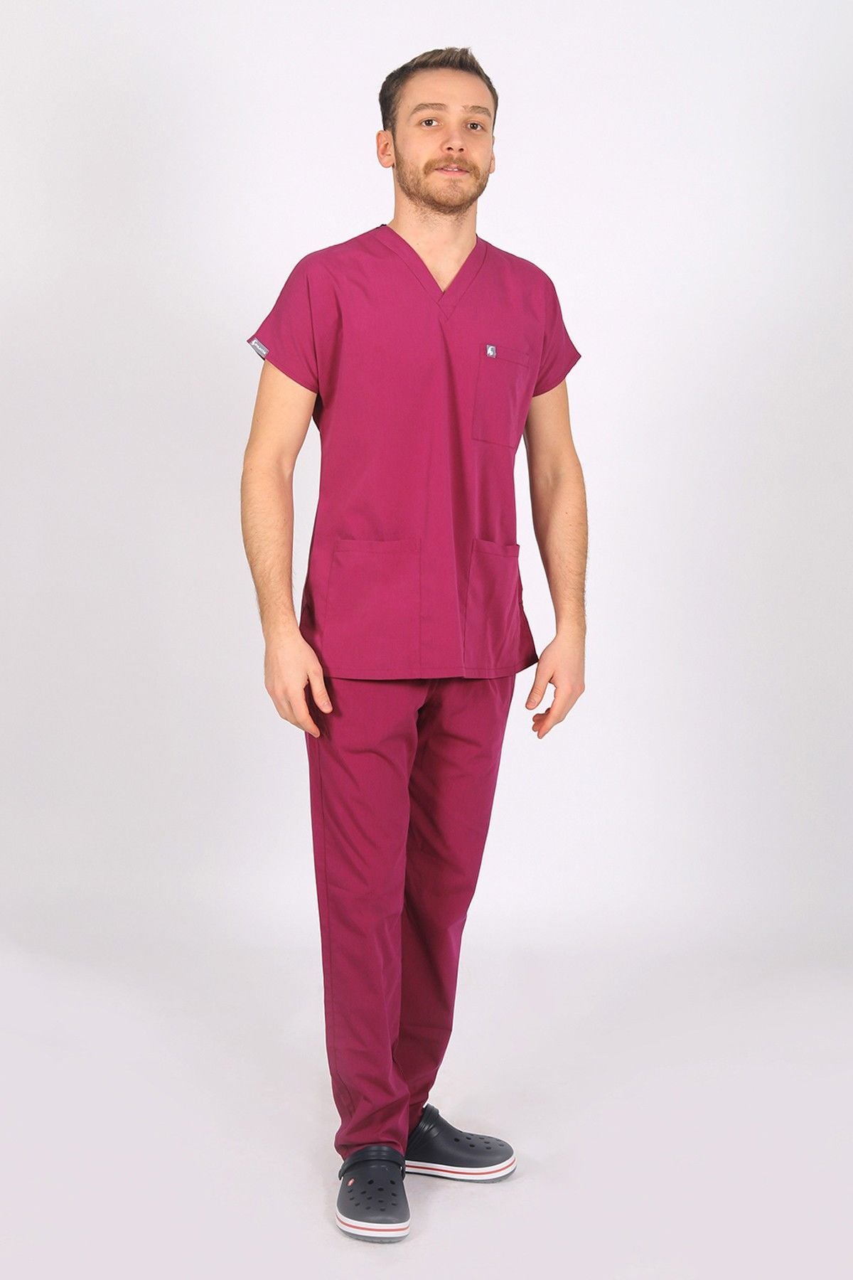 Vişne Likralı Scrubs Doktor Hemşire Forması Yarasa Kol Takım XS