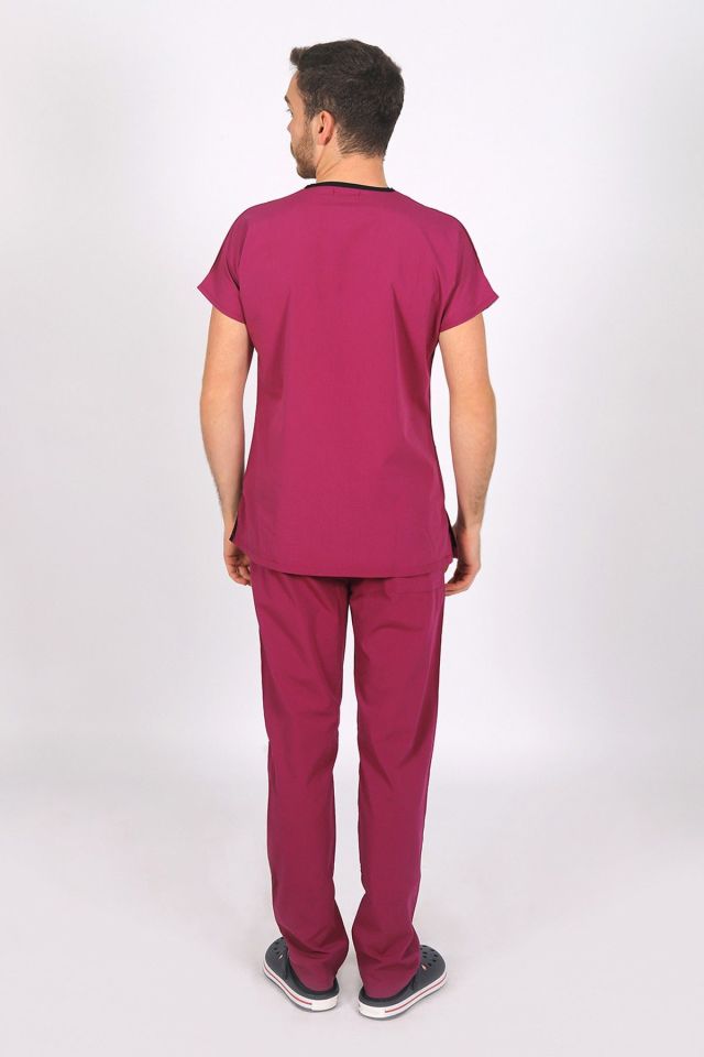 Vişne Likralı Scrubs Doktor Hemşire Forması Yarasa Kol Takım M