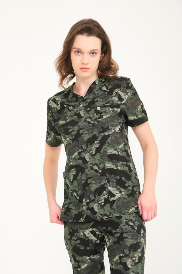 Kamuflaj Likralı Zarf Yaka Scrubs Doktor Hemşire Forması Tek Üst L