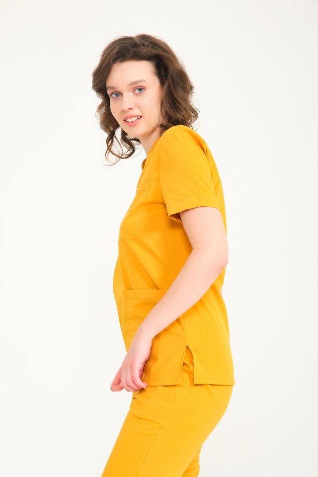 Hardal Likralı Zarf Yaka Scrubs Doktor Hemşire Forması Tek Üst M