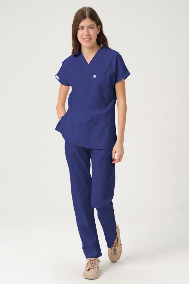 Fırtına Mavi Likralı Scrubs Doktor Hemşire Forması Yarasa Kol Takım Unisex XL