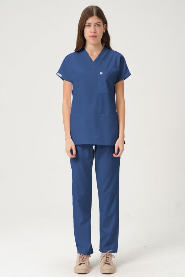 İndigo Likralı Scrubs Doktor Hemşire Forması Yarasa Kol Takım Unisex S