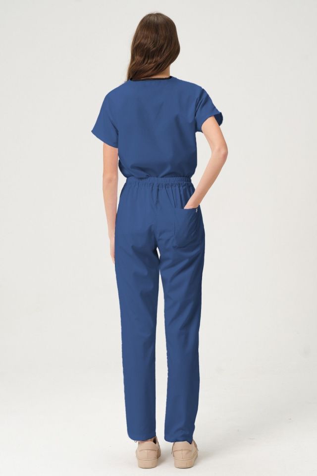 İndigo Likralı Scrubs Doktor Hemşire Forması Yarasa Kol Takım Unisex S