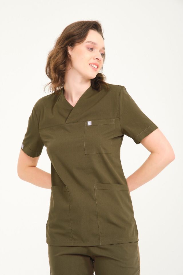 Haki Likralı Zarf Yaka Scrubs Doktor Hemşire Forması Tek Üst M