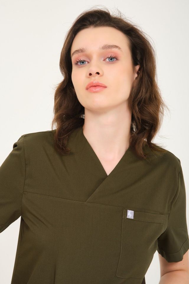 Haki Likralı Zarf Yaka Scrubs Doktor Hemşire Forması Tek Üst XL