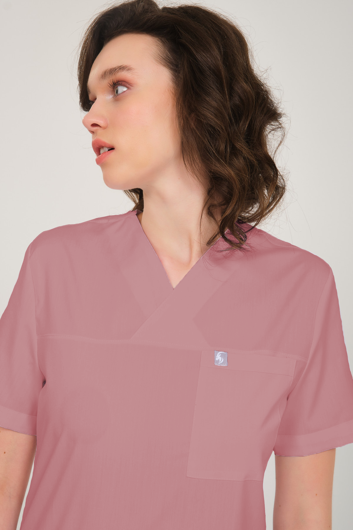 Gül Kurusu Likralı Zarf Yaka Scrubs Doktor Hemşire Forması Tek Üst XS
