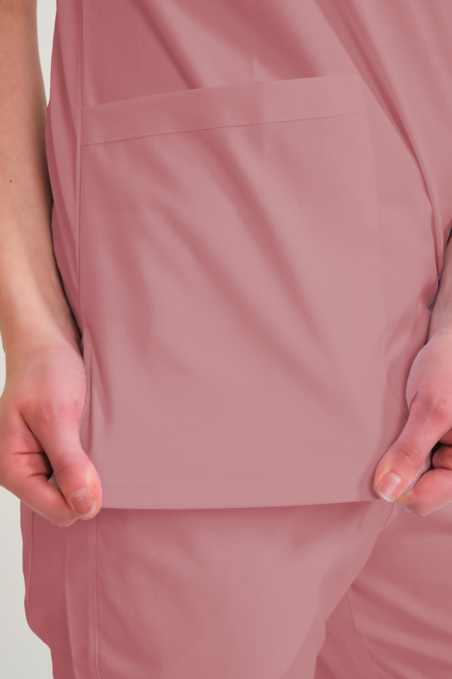 Gül Kurusu Likralı Zarf Yaka Scrubs Doktor Hemşire Forması Tek Üst XS