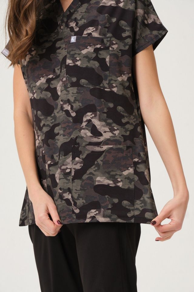 Kamuflaj Likralı Scrubs Doktor Hemşire Forması Yarasa Kol Takım Unisex S