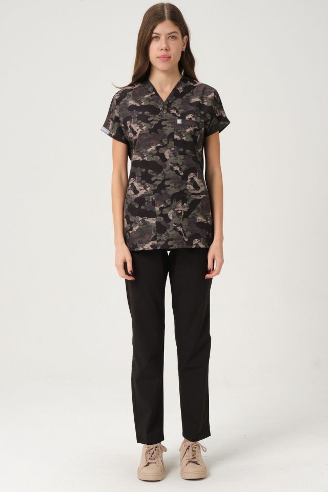 Kamuflaj Likralı Scrubs Doktor Hemşire Forması Yarasa Kol Takım Unisex L