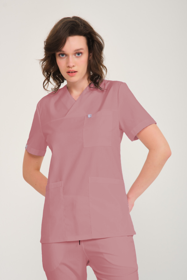 Gül Kurusu Likralı Zarf Yaka Scrubs Doktor Hemşire Forması Tek Üst 2XL