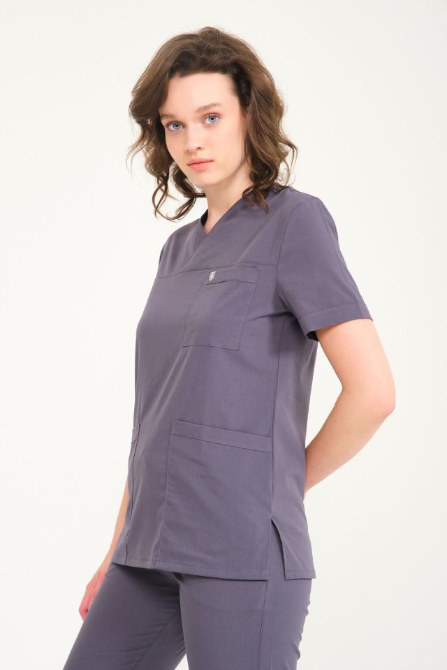 Füme Likralı Zarf Yaka Scrubs Doktor Hemşire Forması Tek Üst XS