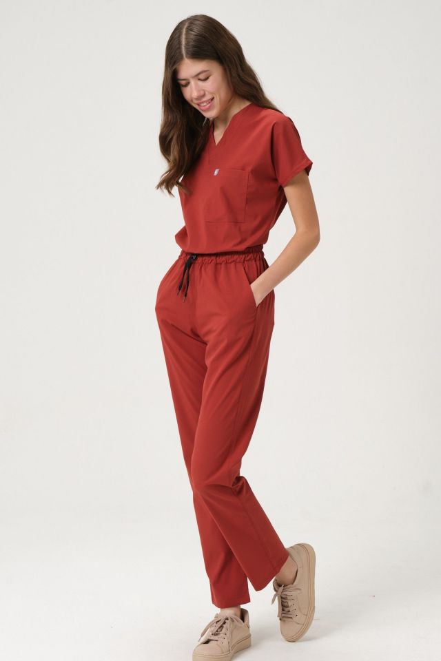 Kiremit Likralı Scrubs Doktor Hemşire Forması Yarasa Kol Takım Unisex XS