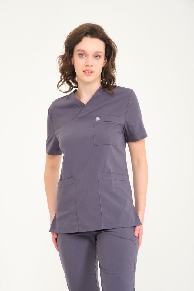 Füme Likralı Zarf Yaka Scrubs Doktor Hemşire Forması Tek Üst M