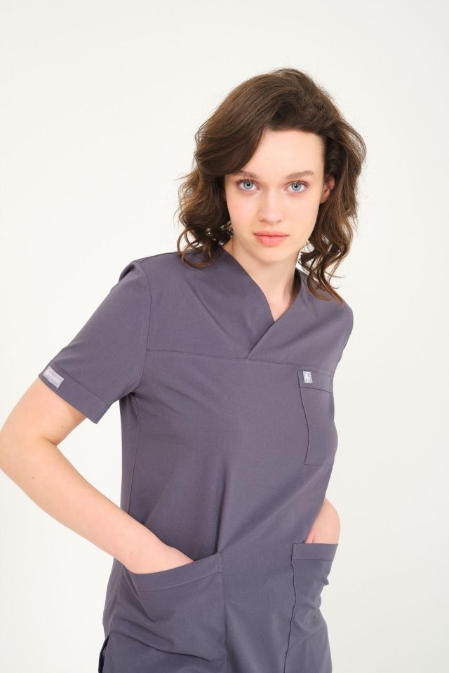 Füme Likralı Zarf Yaka Scrubs Doktor Hemşire Forması Tek Üst XL