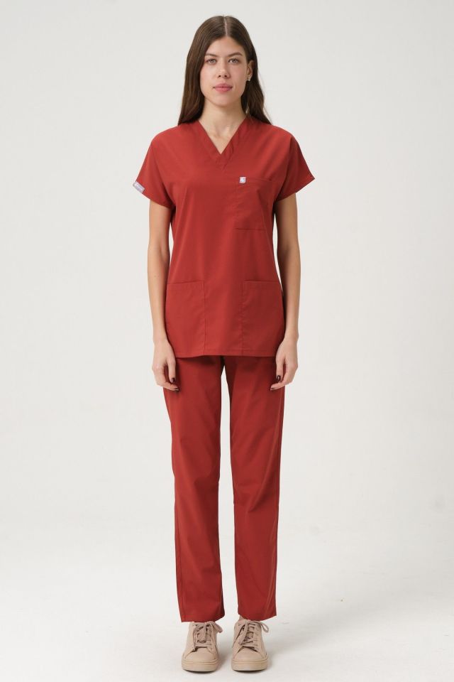 Kiremit Likralı Scrubs Doktor Hemşire Forması Yarasa Kol Takım Unisex 2XL