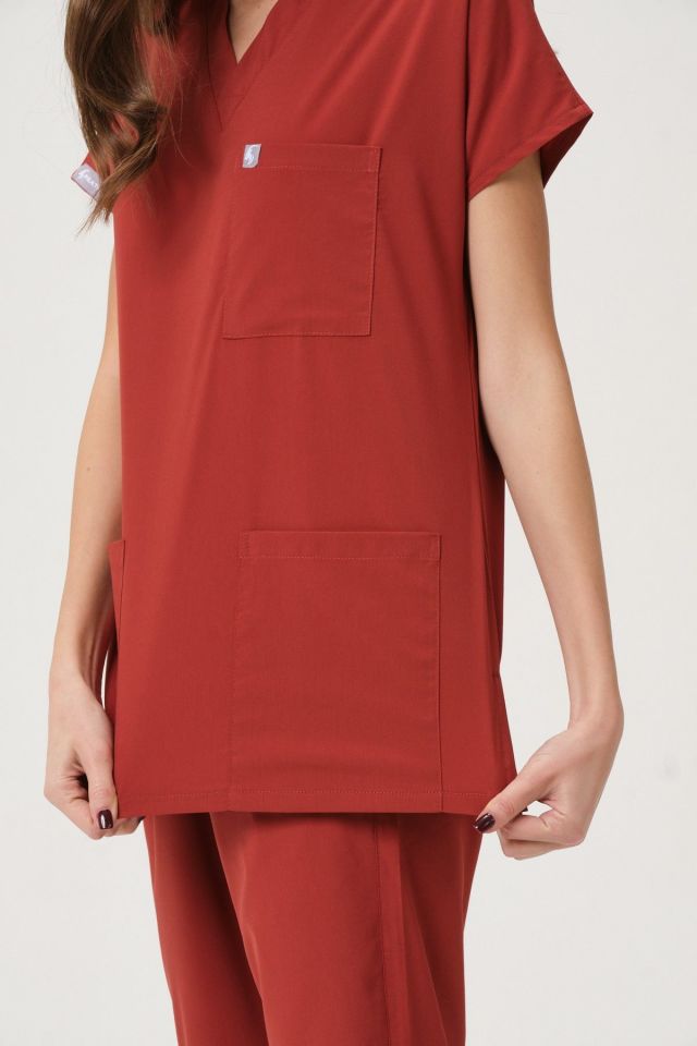 Kiremit Likralı Scrubs Doktor Hemşire Forması Yarasa Kol Takım Unisex 2XL