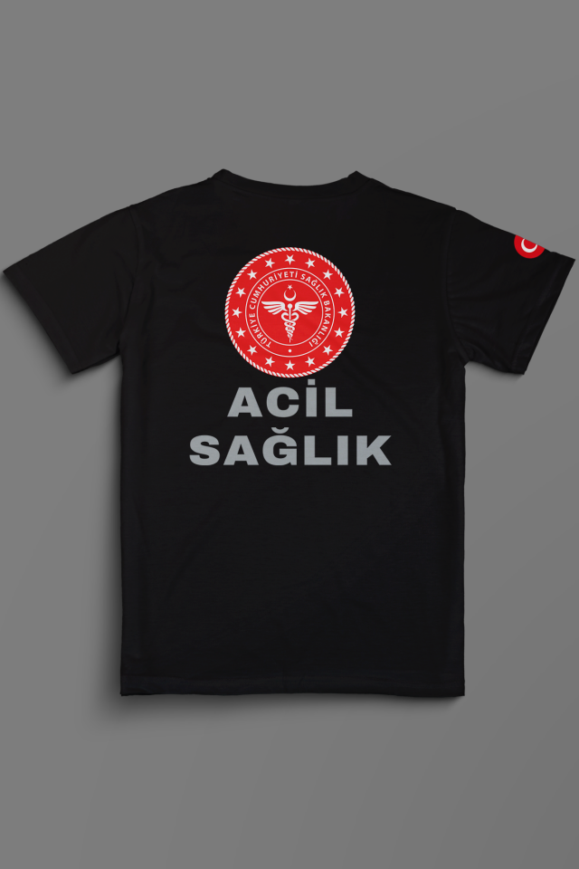 Siyah 112 Acil Sağlık V Yaka Penye Tişört Unisex