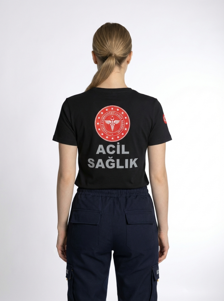 Siyah 112 Acil Sağlık V Yaka Penye Tişört Unisex