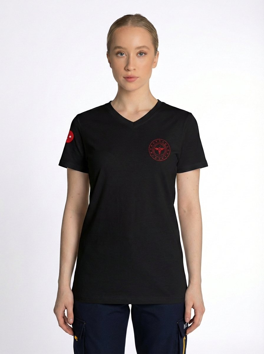 Siyah 112 Acil Sağlık V Yaka Penye Tişört Unisex