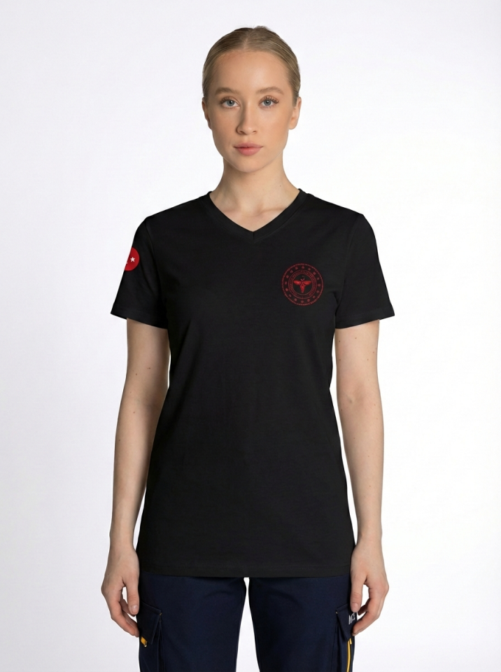 Siyah 112 Acil Sağlık V Yaka Penye Tişört Unisex