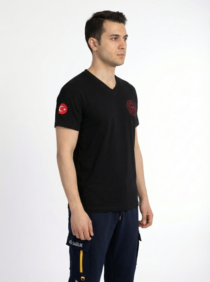 Siyah 112 Acil Sağlık V Yaka Penye Tişört Unisex