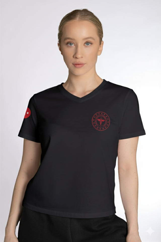 Siyah 112 Acil Sağlık V Yaka Penye Tişört Unisex