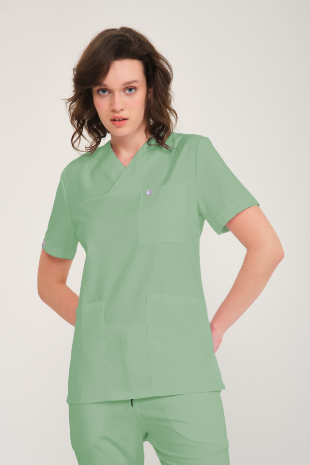 Çağla Yeşili Likralı Zarf Yaka Scrubs Doktor Hemşire Forması Tek Üst 2XS