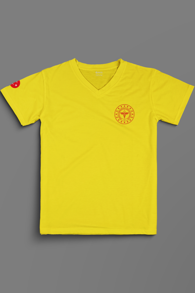 Sarı 112 Acil Sağlık V Yaka Penye Tişört Unisex L