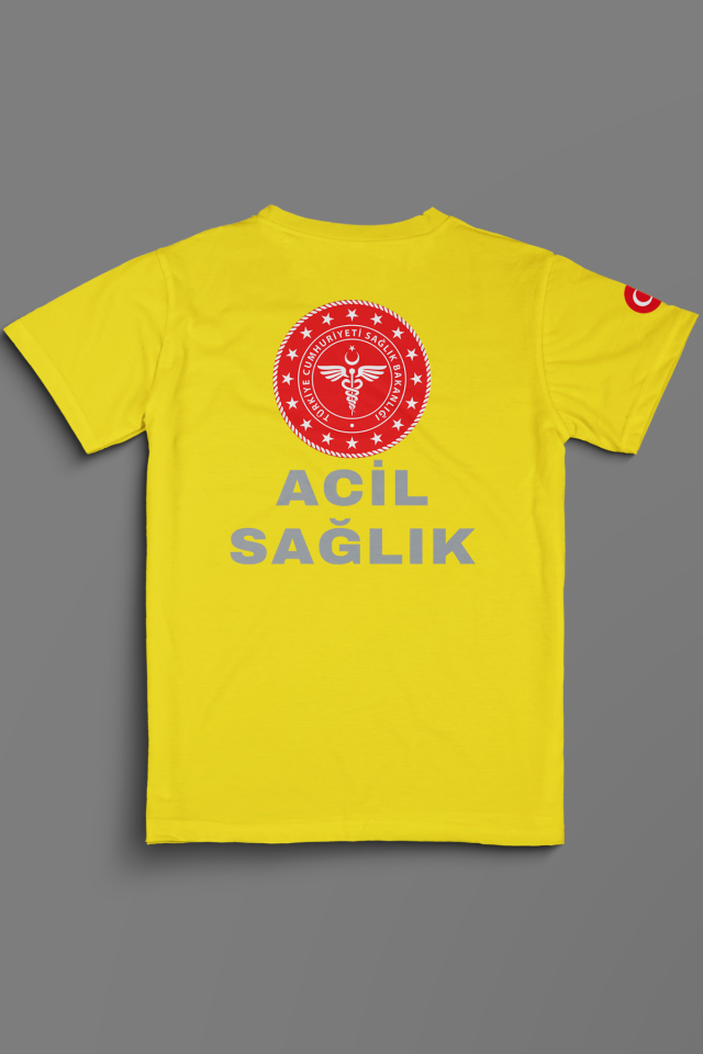 Sarı 112 Acil Sağlık V Yaka Penye Tişört Unisex L