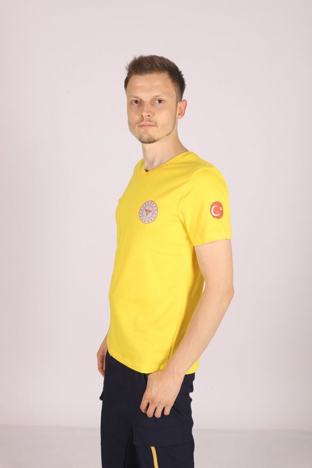 Sarı 112 Acil Sağlık V Yaka Tişört Unisex