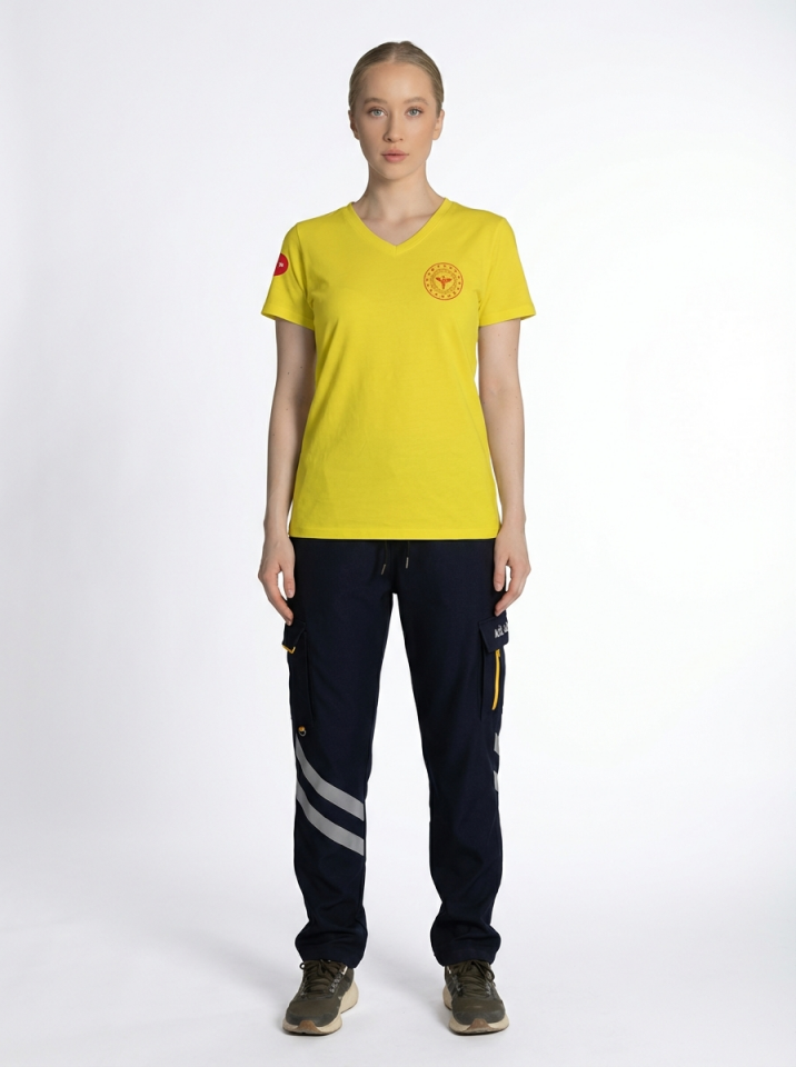Sarı 112 Acil Sağlık V Yaka Penye Tişört Unisex S