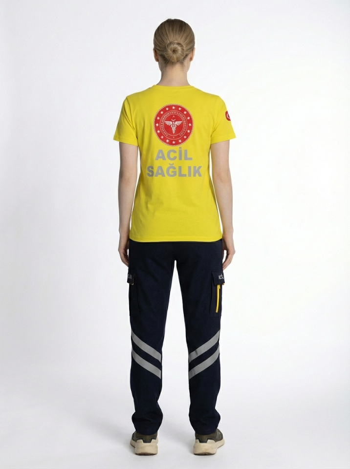 Sarı 112 Acil Sağlık V Yaka Penye Tişört Unisex S