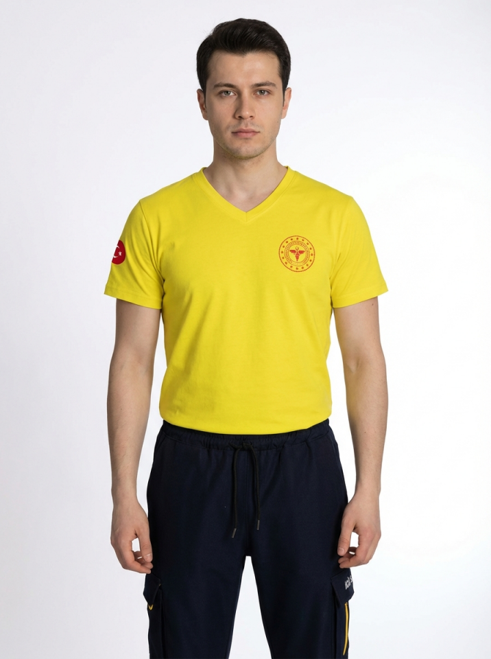 Sarı 112 Acil Sağlık V Yaka Penye Tişört Unisex
