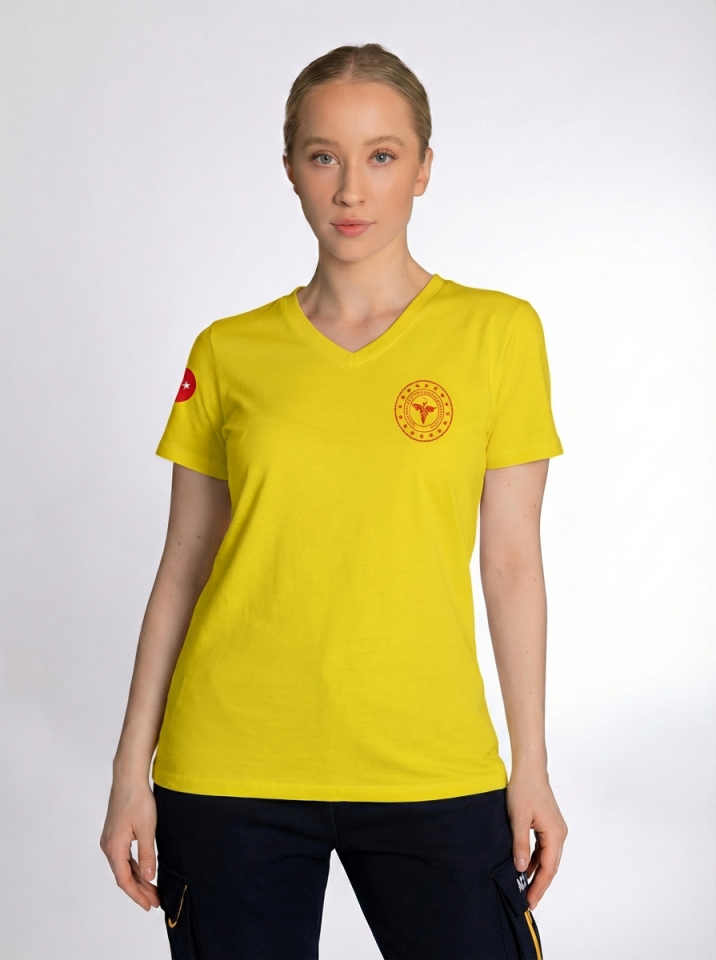 Sarı 112 Acil Sağlık V Yaka Penye Tişört Unisex S
