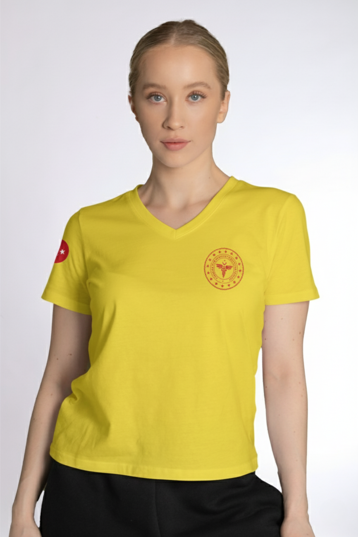 Sarı 112 Acil Sağlık V Yaka Penye Tişört Unisex