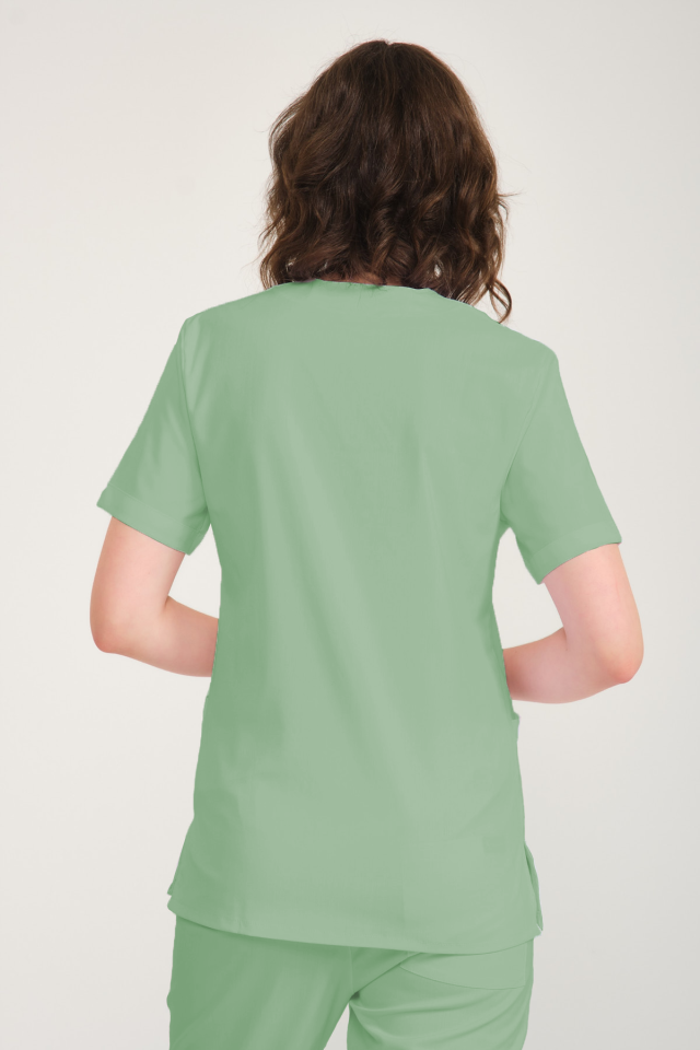 Çağla Yeşili Likralı Zarf Yaka Scrubs Doktor Hemşire Forması Tek Üst XS