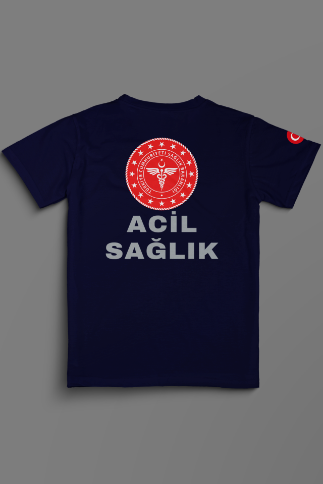 Lacivert 112 Acil Sağlık V Yaka Penye Tişört Unisex XL
