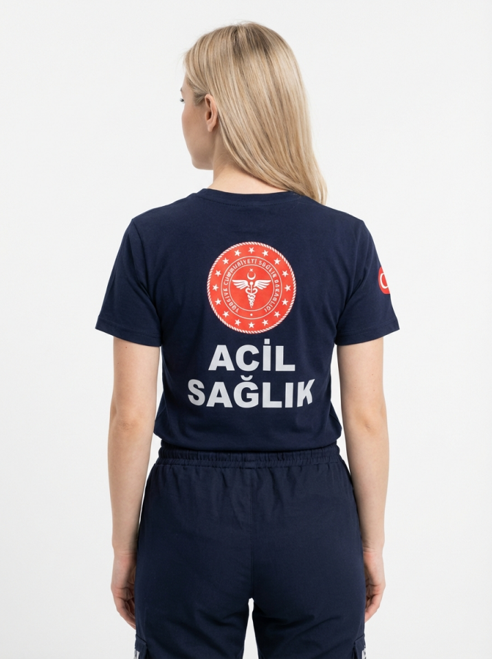 Lacivert 112 Acil Sağlık V Yaka Penye Tişört Unisex XL