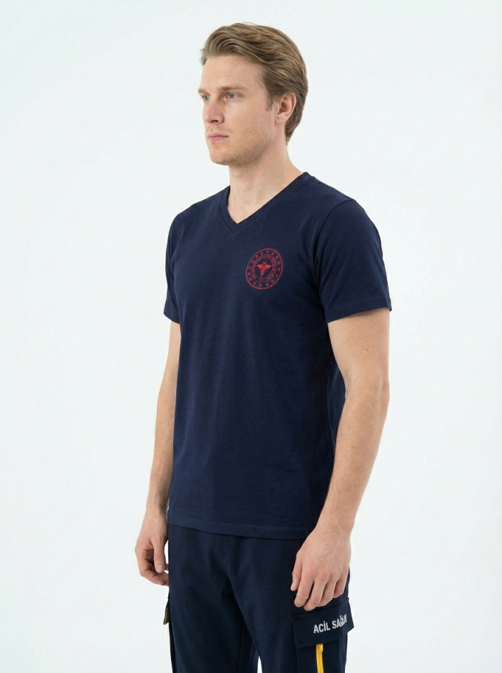 Lacivert 112 Acil Sağlık V Yaka Penye Tişört Unisex XL