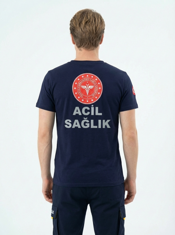 Lacivert 112 Acil Sağlık V Yaka Penye Tişört Unisex XL