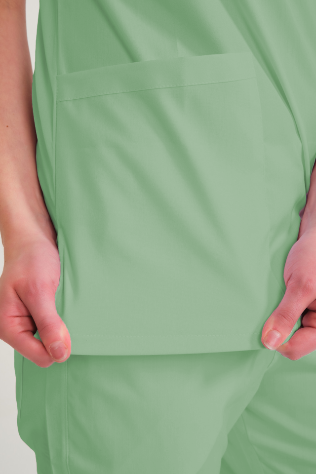 Çağla Yeşili Likralı Zarf Yaka Scrubs Doktor Hemşire Forması Tek Üst S