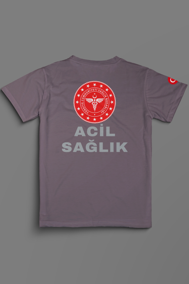 Gri 112 Acil Sağlık V Yaka Penye Tişört Unisex XL