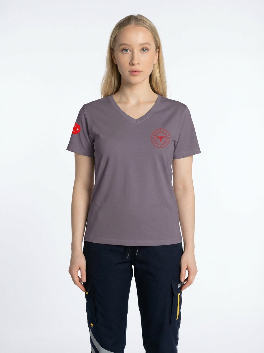 Gri 112 Acil Sağlık V Yaka Penye Tişört Unisex XL