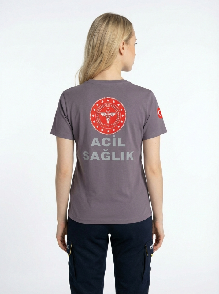 Gri 112 Acil Sağlık V Yaka Penye Tişört Unisex XL
