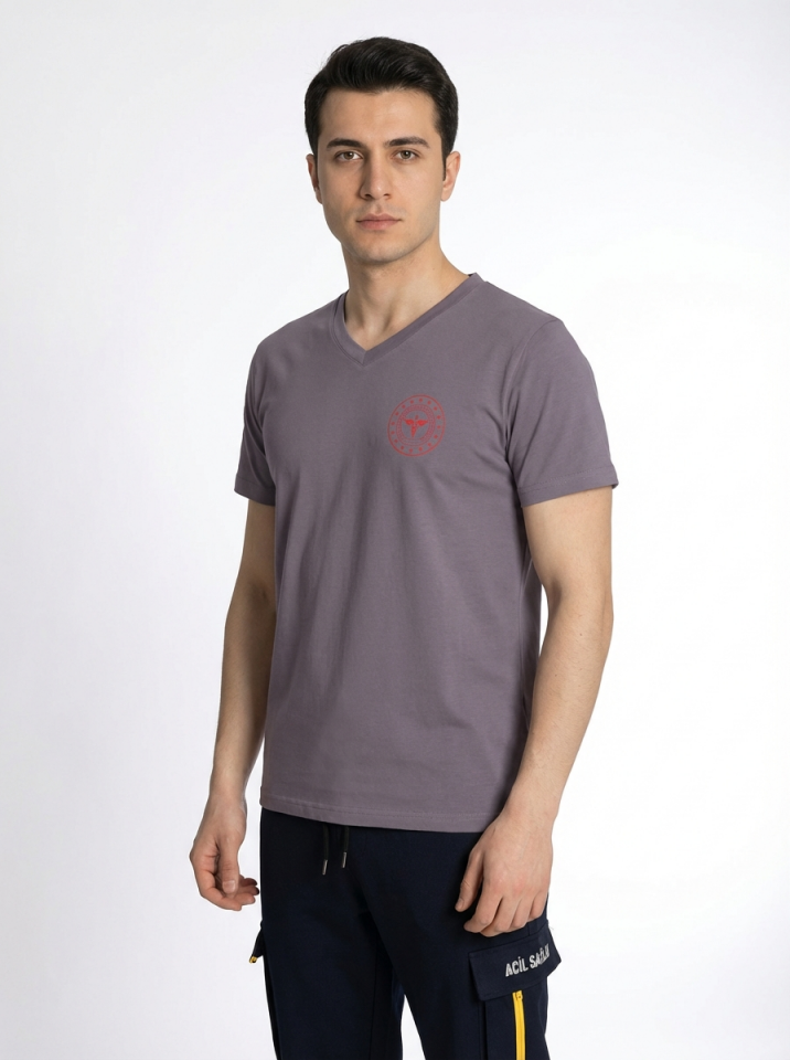 Gri 112 Acil Sağlık V Yaka Penye Tişört Unisex XL