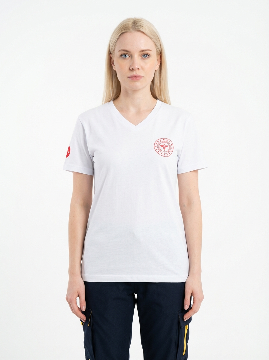 Beyaz 112 Acil Sağlık V Yaka Penye Tişört Unisex